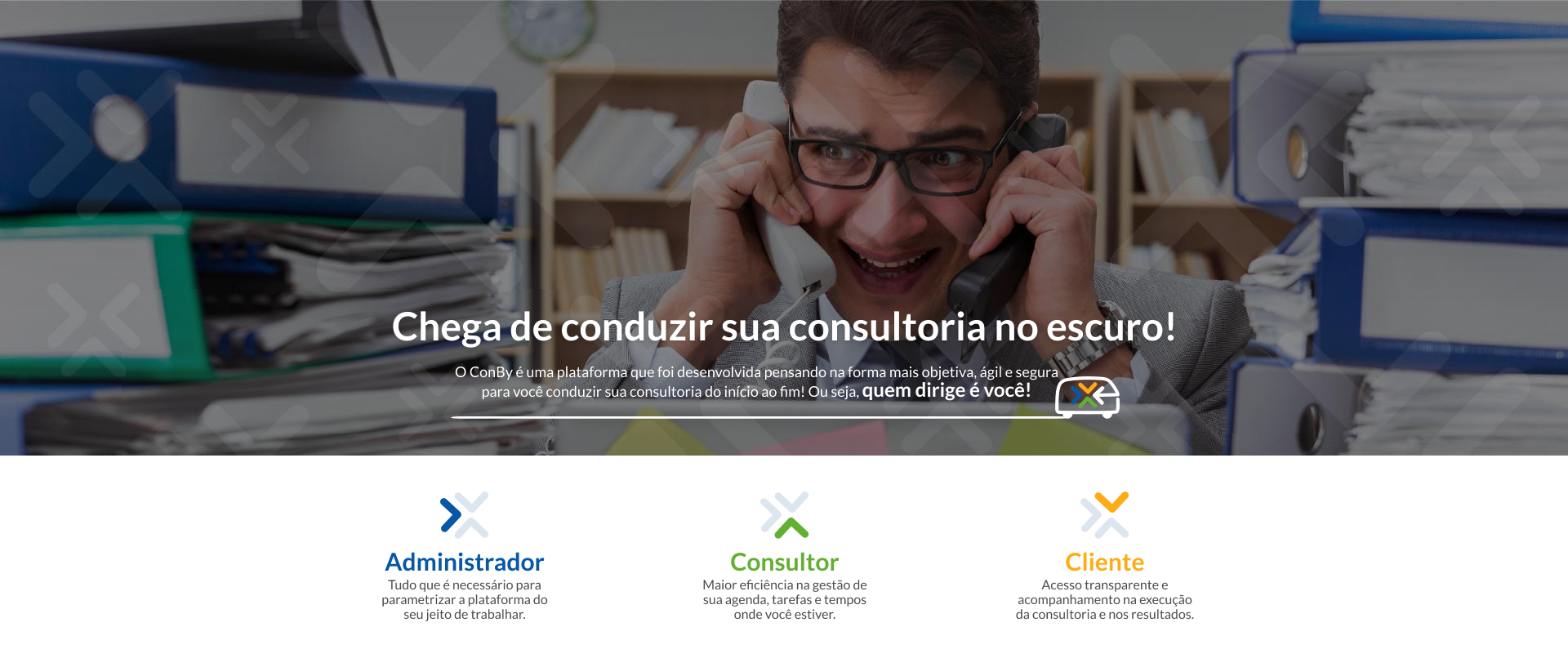 A ConBy é uma plataforma que foi desenvolvida pensando na forma mais objetiva, ágil e segura apra você conduzir sua consultoria do início ao fim! Ou seja, quem dirige é você!