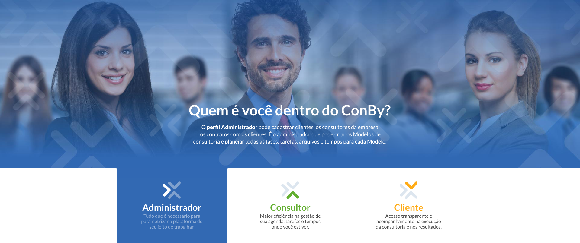 O perfil Administrador pode cadastrar clientes, os consultores da empresa os contratos com os clientes. É o administrador que pode criar os Modelos de consultoria e planejar todas as fases, tarefas, arquivos e tempos para cada Modelo.