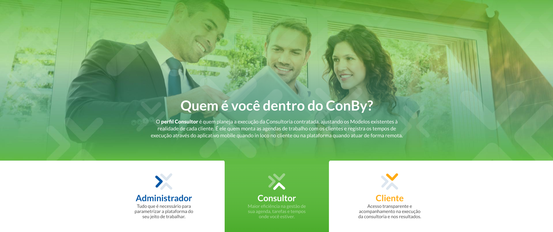 O perfil Consultor é quem planeja a execução da Consultoria contratada, ajustando os Modelos existentes à realidade de cada cliente. É ele quem monta as agendas de trabalho com os clientes e registra os tempos de execução através do aplicativo mobile quando in loco no cliente ou na plataforma quando atuar de forma remota.